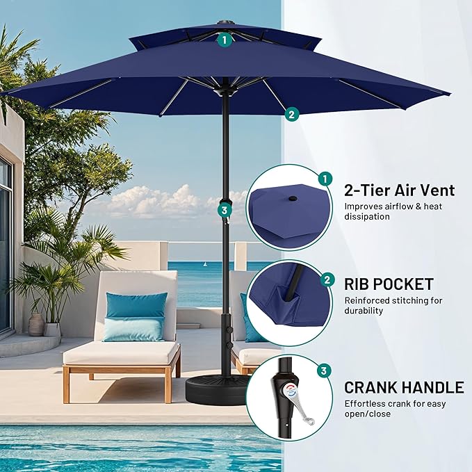 AreShark 11ft 2 Tiers Patio Umbrella - Outdoor Umbrella Waterproof UV Protection, Market Table Umbrella w/ 8 Sturdy Ribs&Crank for Pool, Porch, Garden(Navy)