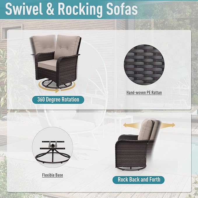ALAULM 12 Pieces Patio Furniture Set with 2 Swivel Chairs Wicker Patio Conversation Set, Outdoor Sectional Furniture w/Coffee Table & Washable Seat Cushions-Sand