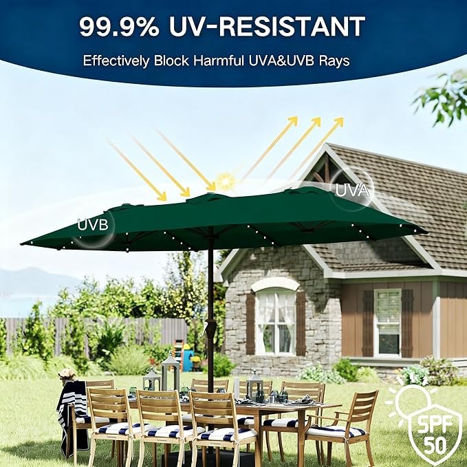 Large Patio Umbrella with Solar Lights and Base, Double-Sided Outdoor Rectangle Umbrella with 48 LED Lights, Market Table Umbrellas with UV Resistant Canopy