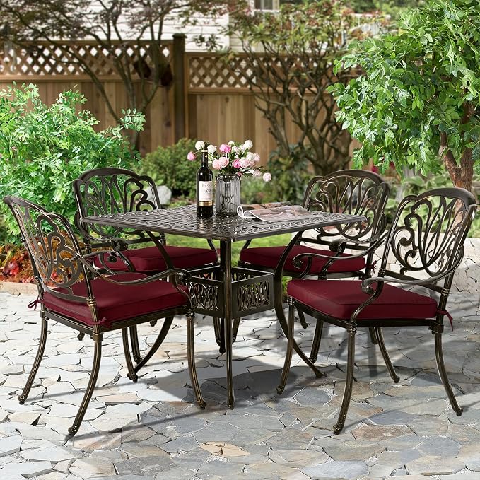 5-Piece Outdoor Patio Dining Set, All-Weather Cast Aluminum Patio Furniture Set for Backyard Garden Deck with 4 Chairs, 4 Cushions and 35.4” Square Table, 2.2" Umbrella Hole, Red