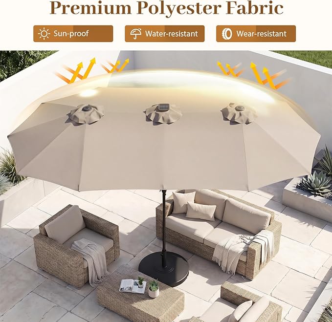 Tangkula 13 Ft Solar Patio Umbrella, Double-Sided Extra Large Outdoor Market Table Umbrella with 36 LED Lights, Crank Handle, 12 Sturdy Ribs for Poolside, Garden & Backyard (Beige)