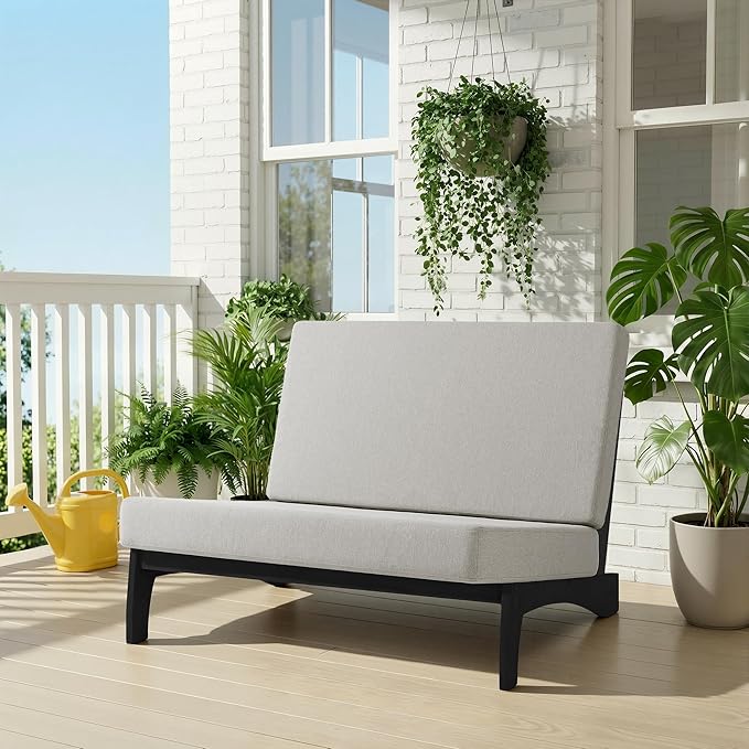 UIXE Black Wood Patio Furniture Sets, 2 Pieces All Weather Patio Loveseat Outdoor Sofa with Solid Wooden Coffee Table - Light Camel