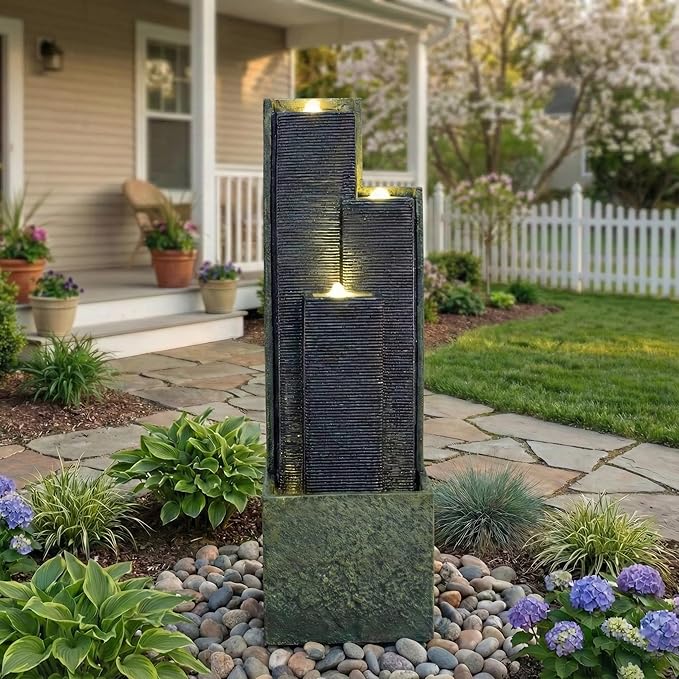 39.7'' H Modern Outdoor Water Fountain, Floor Standing Cascading Waterfall with LED Lights,Garden Cascading Indoor Resin Water Fountains Tall Floor for Garden Patio Porch Lawn Backyard Decor, Grey