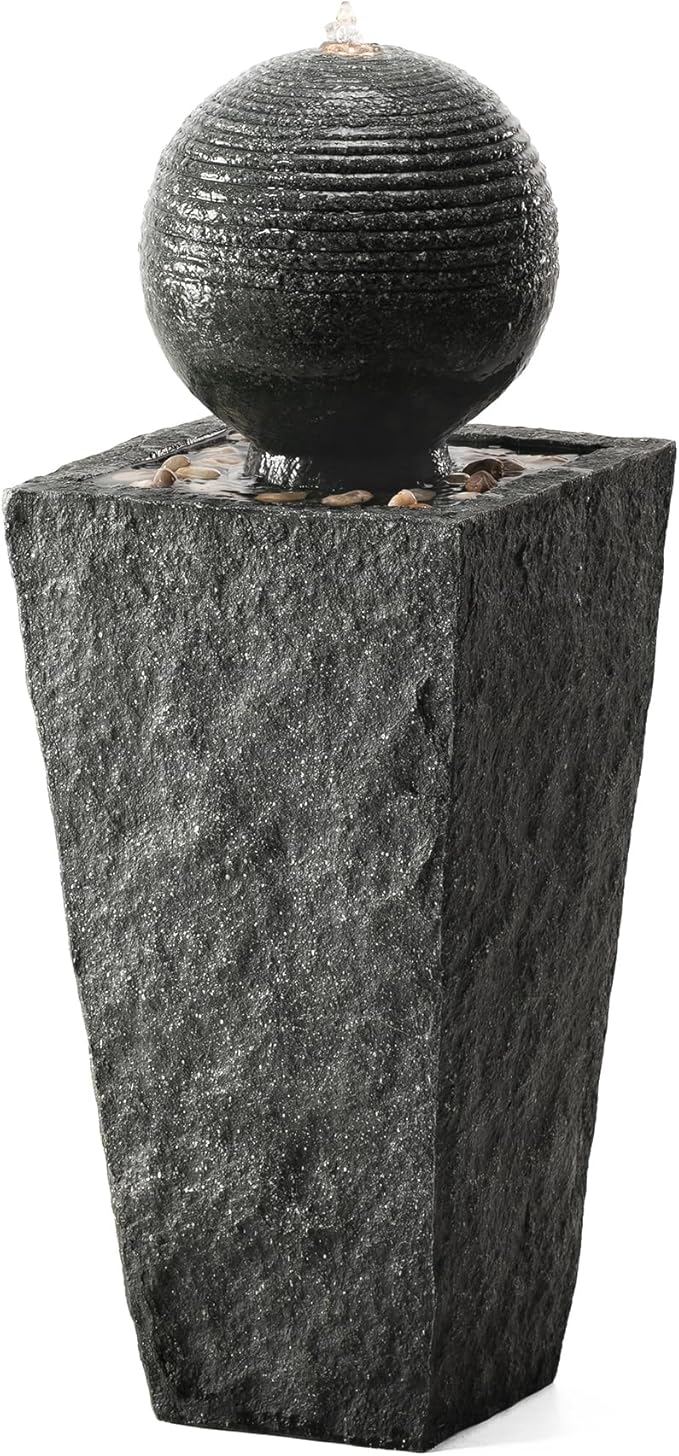 Glitzhome Outdoor Water Fountain, Outdoor Fountain with Pebbles, Pump and LED Light, 31.75" H Modern Geometric Pedestal and Sphere Polyresin Waterfall Fountain for Patio, Backyard, Garden, Deck Decor