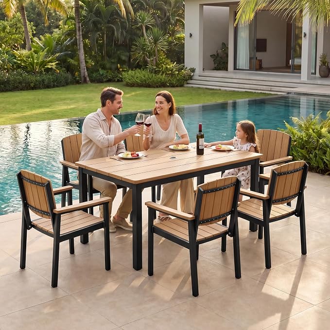 Outdoor Dining Sets Patio Table and Chairs Set 5-Piece, Aluminum Frame HDPS Faux Wood, All Weather Patio Dining Set with Umbrella Hole for Garden Backyard Poolside Nature Wood
