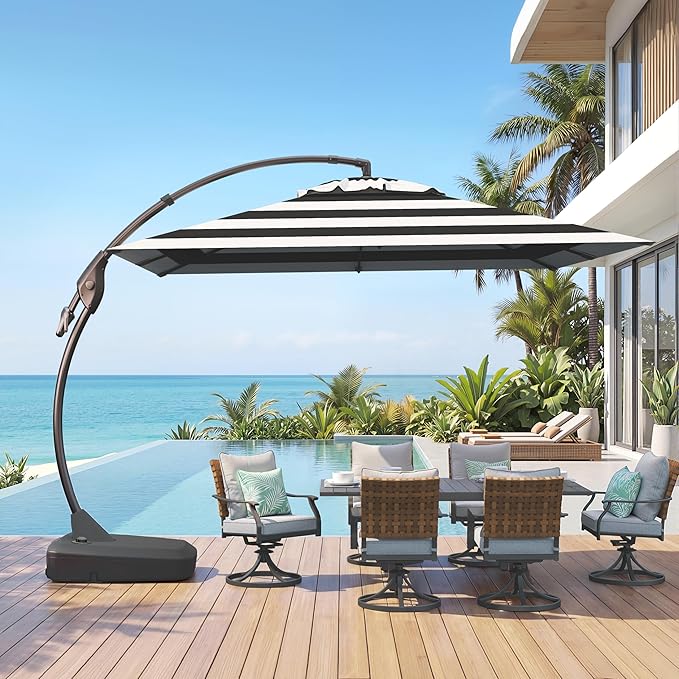 Grand patio 10x10 FT Patio Cantilever Umbrella with Base Outdoor Large Square Tilting Offset Umbrellas for Pool Deck (Black & White, 10x10 FT)