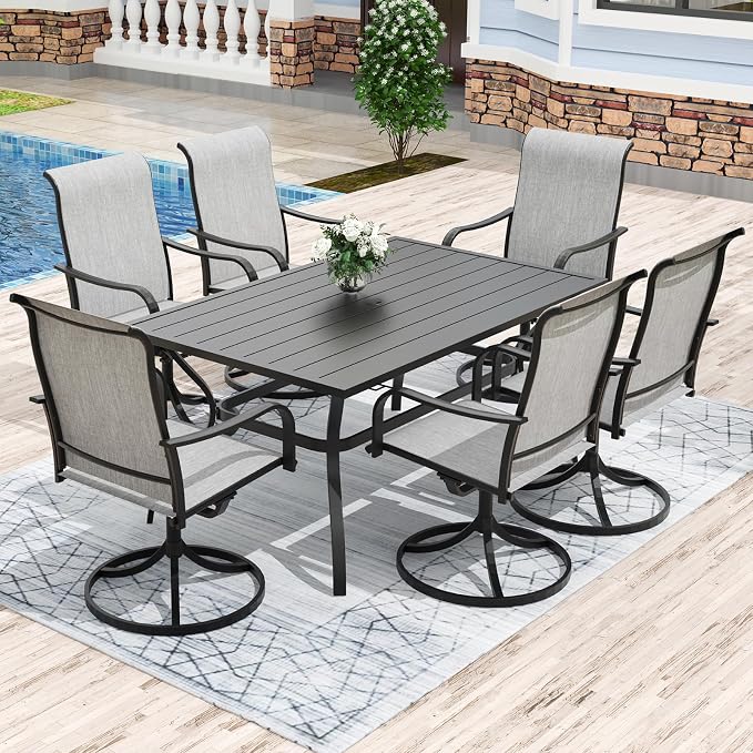 Anmutig 7-Piece Outdoor Patio Dining Set with 6 Swivel Chairs, Outdoor Furniture 6 Dining Swivel Chairs and Steel Frame Slat Rectangular Table with 1.57" Umbrella Hole for Backyard, Grey