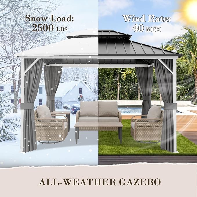 EAGLE PEAK 12x10 Hardtop Gazebo, Galvanized Steel Double Roof with Aluminum Frame, Outdoor Pavilion with Netting and Curtains for Patio, Deck, Lawn and Garden, White/Gray
