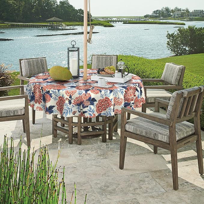 DYTXIII Outdoor Round Tablecloth with Umbrella Hole 60 Inch, Water Repellent & Fade Resistant Table Cover, All Weather Outdoor Tablecloth for Garden & Party Table, Red Chrysanthemum
