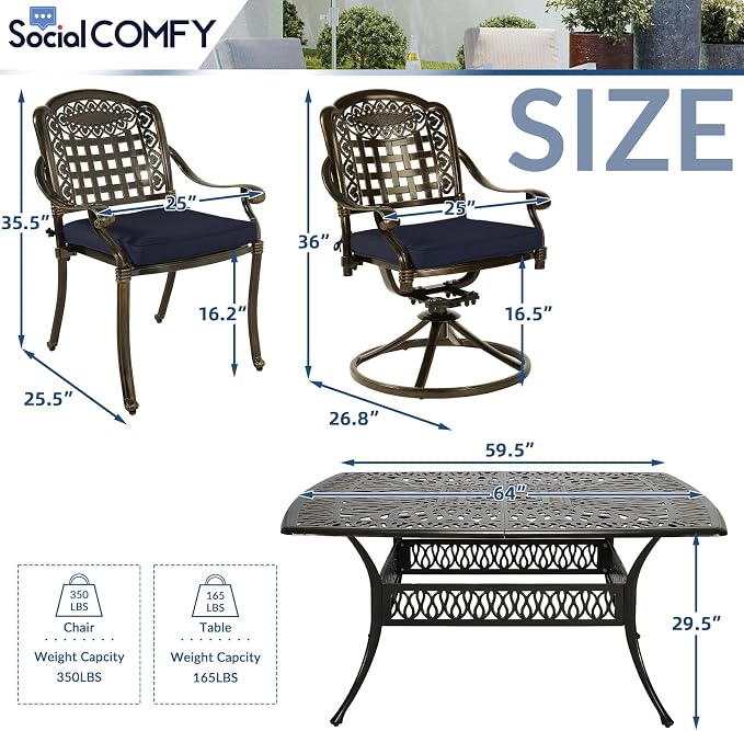 SOCIALCOMF 9-Piece Patio Cast Aluminum Dining Set, Outdoor Table and Chairs Set for 8, Includes 64" Large Square Dining Table, 6 Stationary, 2 Swivel Dining Chairs with Umbrella Hole, Navy Blue