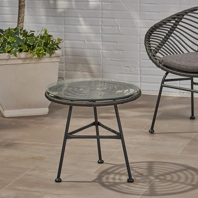 Rattan Outdoor Side Table with Tempered Glass Tabletop, Weather-Resistant Patio End Table, Stable Steel Frame for Balcony, Porch, Deck, Grey
