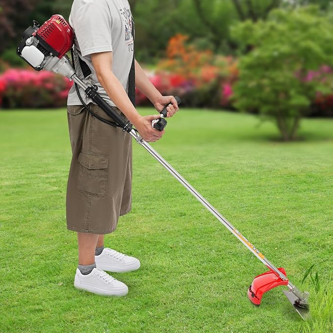 Brush Cutter, 4-Stroke 35.8CC 1050W Gas Lawn Edger Single Cylinder Air Cooled Weed Wacker Multifunction Weed Eater Aluminum Gas Powered Weed Trimmer Garden Trimmer w/0.24 Gal Fuel Tank Capacity