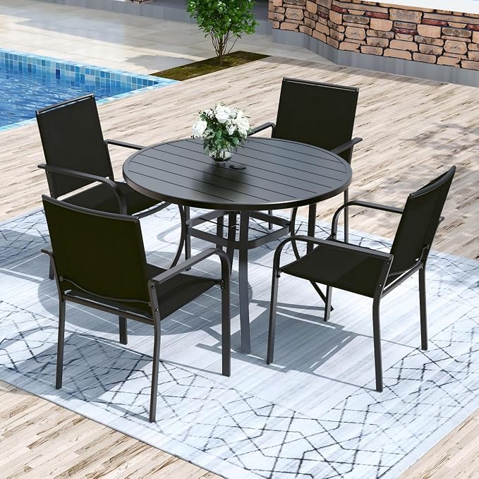 Anmutig 5 Piece Patio Dining Set 41 Inch Round Table Stackable Chairs Black | Powder-Coated Steel Frame, Quick-Dry Textilene Mesh, Dual-Size Umbrella Hole, Weather Resistant, Patio, Garden, Backyard