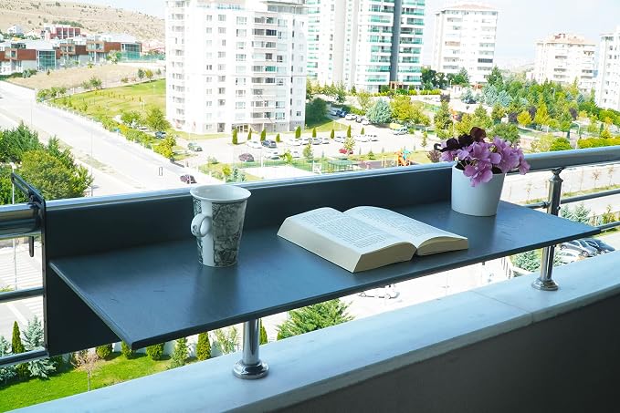 Balcony Bar Table for Railings, Outdoor Folding Deck Rail Table for Patio, Balcony Hanging Desk for Many Railings Compatible, Wooden Bar Serving Table for Porch (Grey, M: 31.5 x 11.8 inches)