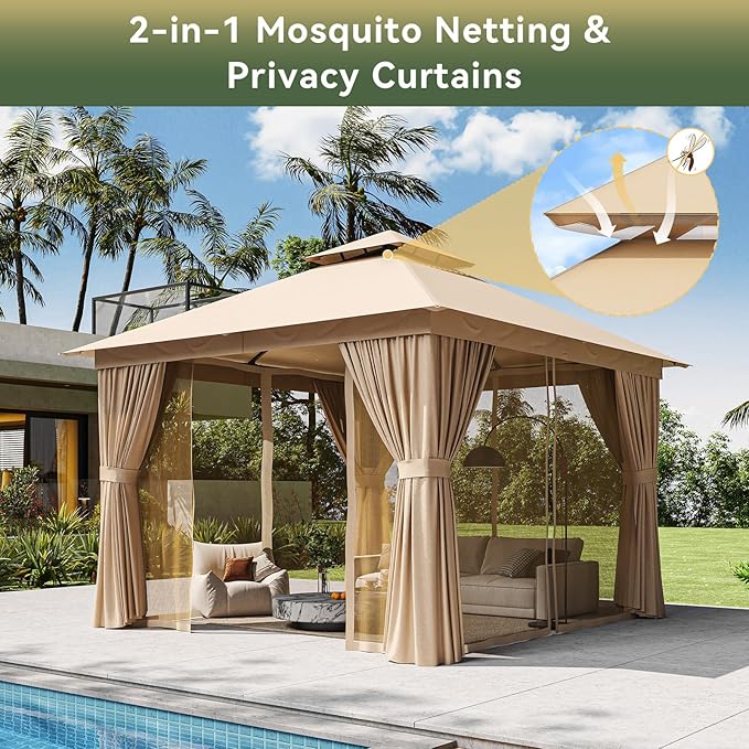 10'x10' Gazebo, Outdoor Gazebo Metal Frame Canopy with Double Roofs, Heavy Duty Patio Tent Shelter with Mosquito Netting and Privacy Screen for Backyard, Beige