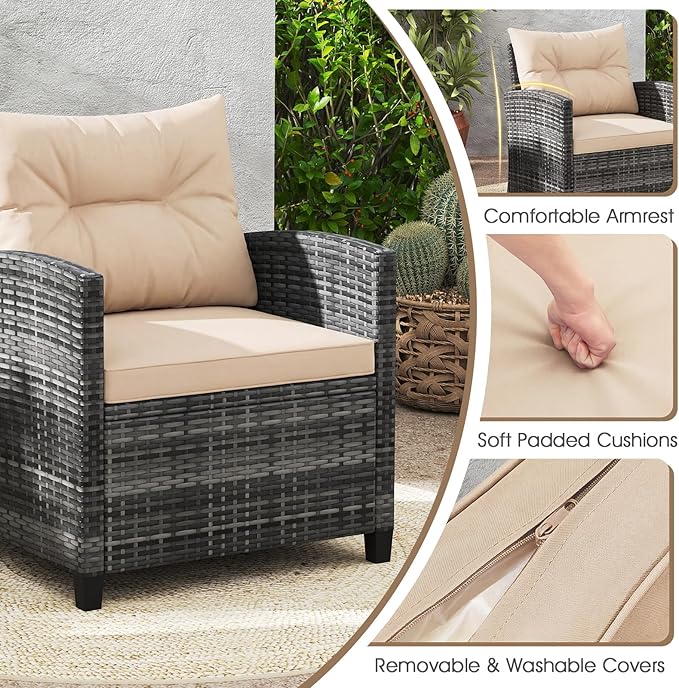 ORALNER 3 Pieces Patio Furniture, Outdoor Wicker Conversation Set Chairs with Soft Cushions and Glass Coffee Table, Mix Gray Rattan Bistro Set for Balcony Garden Deck Front Porch Poolside (Beige)