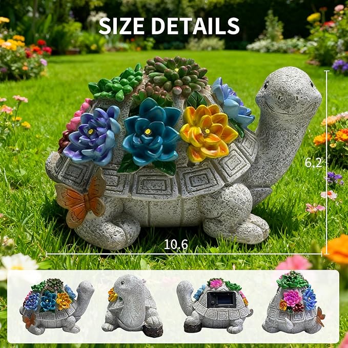 Solar Garden Outdoor Statues Turtle with Succulent and 7 LED Lights -Waterproof Animal Lawn Decor Statue for Patio, Balcony, Yard Ornament for Mom Grandma Women