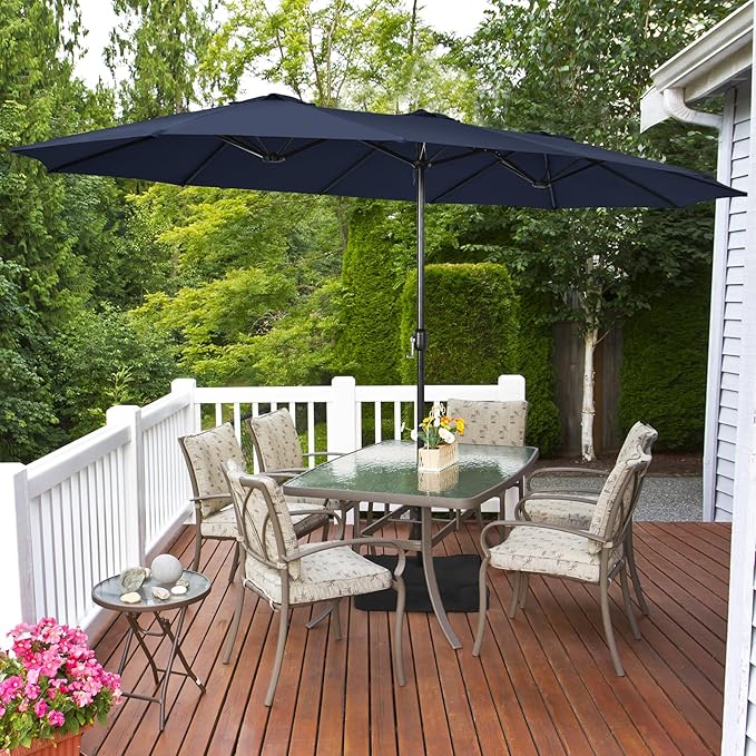 Tangkula 15FT Double-Sided Patio Umbrella with Base, Extra-Large Market Umbrella W/Crank System, Outdoor Twin Umbrella W/ 12-Rib Metal Structure & Air Vents for Garden, Backyard, Poolside (Navy)