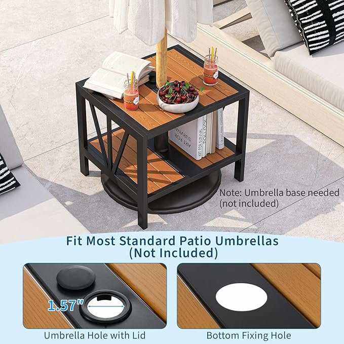 Tangkula Outdoor Side Table with 1.57” Umbrella Hole, 2-Tier Patio Metal End Table with Storage Shelf, Small Bistro Coffee Table for Porch, Balcony, Garden and Backyard (1)
