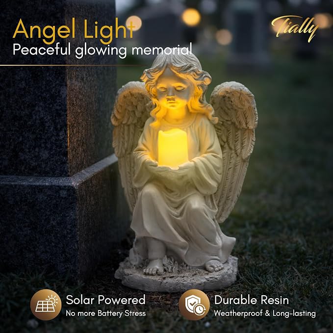 Solar Angel Garden Statue with Candle, 12" Guardian Memorial Outdoor Light | Bright all-night warm candle glow, true-to-size 12in, weatherproof resin built to last - no dim lights or dead battery
