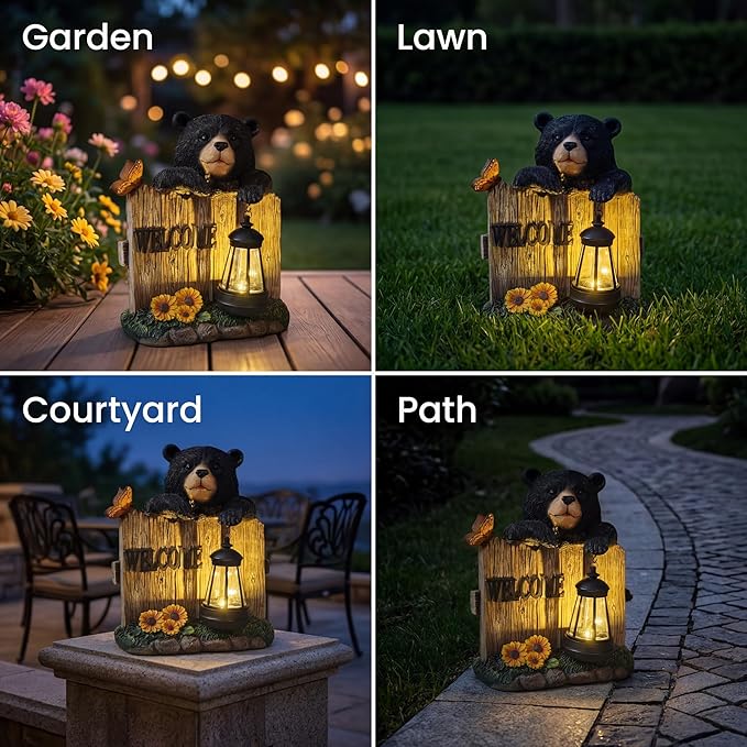 Garden Black Bear Welcome Sign with Solar Lantern, Decorative Outdoor Statue with Butterfly and Sunflowers, Lawn and Porch Decor