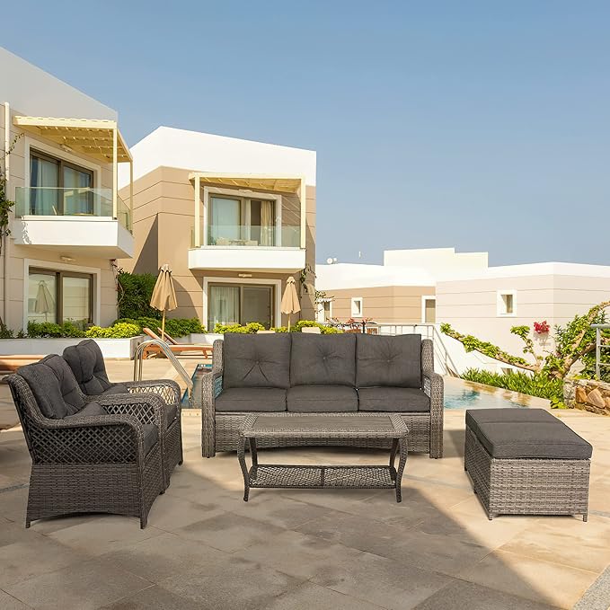 HOMREST 6 Pieces Patio Furniture Set, Wicker Outdoor Patio Conversation Sets, Sectional Rattan Sofa Chairs with Coffee Table, High Back, Ottoman, Cushions for Porch, Deck, Garden, Backyard (Grey)
