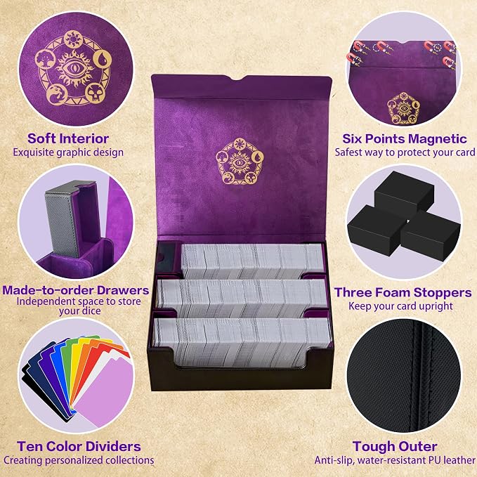 PROMAXIBINDER Trading Card Storage Box for MTG/TCG/YuGiOh, Commander Deck Case Fits 2000+ Cards, 10 Dividers, Dice Set, 3 Foam Stoppers, PU Leather, Magnetic Closure, Magic, Sports Cards (Purple)