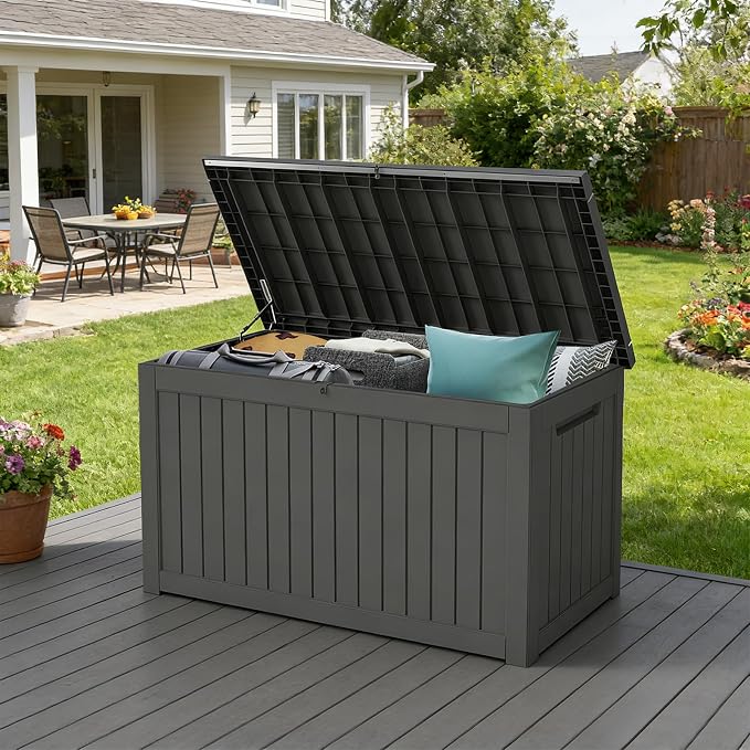 230 Gallon Outdoor Deck Boxes, IP68 Waterproof Outdoor Storage Box with Hydraulic Lid Support, Outside Resin Container for Furniture, Toy, Shoe, Garden & Patio Tools Storage -Black