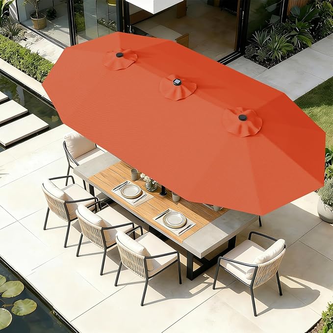 AreShark 13 FT Patio Umbrella with Solar Lights, Double-Sided Outdoor Table Umbrellas with Crank, Large Rectangular Market Umbrella for Porch, Lawn, Pool, Backyard, Orange