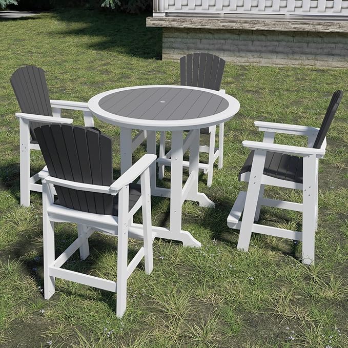 JUSTONE 47 Inch Round Outdoor Bar Table, Water-Resistant HDPE Pub Height Table for Patio, Garden, Poolside, Backyard, Balcony, Fire Pit and Lawn，Grey and White