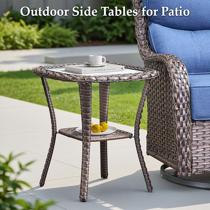 Luxury 5 Pieces Patio Furniture Set-Outdoor Swivel Rocker Patio Chairs with 6" Thick Cushions, Swivel Rocker Chairs with Ottomans & Side Table, Outdoor Conversation Sets for Porch Deck(Brown/Blue)