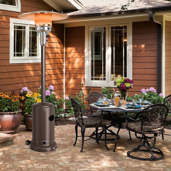 COSTWAY Outdoor Patio Heater, 50000 BTU Propane Heater with Stainless Steel Burner and Wheels, Triple Protection System, Standing Portable Outside Heater for Porch, Deck, Home and Commercial, Bronze