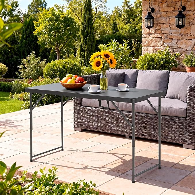 34" Folding Card Table, Heavy Duty HDPE Square Table, Fold-in-Half Portable Design with Carry Handle, Indoor Outdoor Utility Dining Table for Picnic, Camping, 330 lbs (Black, 4FT)