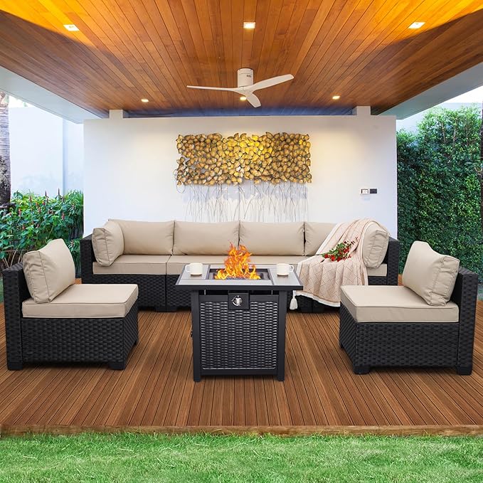 Valita Patio Furniture Set 30 Inches Fire Pit 7-Piece Outdoor Sectional Patio Couch 50000 BTU Steel Propane Fire Pit Table with No-Slip Cushions and Waterproof Cover, Khaki