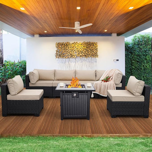 Valita Patio Furniture Set 30 Inches Fire Pit 7-Piece Outdoor Sectional Patio Couch 50000 BTU Steel Propane Fire Pit Table with No-Slip Cushions and Waterproof Cover, Khaki