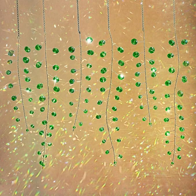 6 Pcs Crystal Beaded Suncatchers Artificial Green Plants Hanging Wind Chime | Beaded Glass Plant Suncatcher with Chain for Window Indoor Outdoor Potted Plants Decorations Plant Lover Gift