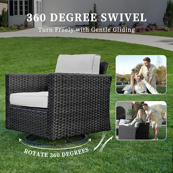 UDPATIO Patio Furniture Set with Fire Pit Table and Swivel Rocking Chairs, 6 Pieces Outdoor Wicker Furniture Set with Waterproof Cover, 4'' Thickened Cushion, Light Grey