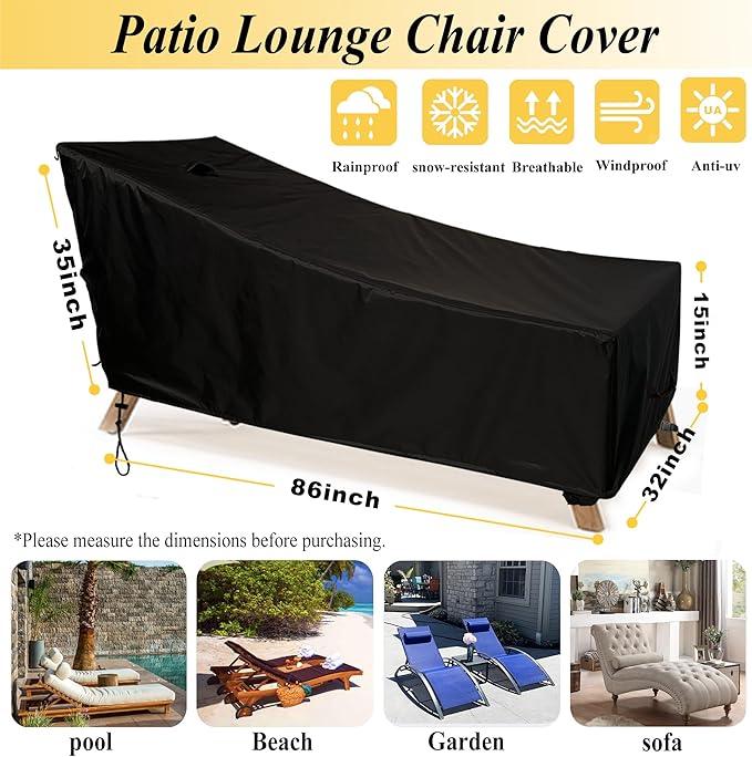 SIHAIAN Patio Lounge Chair Cover Waterproof Outdoor Chaise Lounge Covers UV Resistant Special Fixed Design 86Lx32Wx35H Black 2Pack Patio Furniture Covers