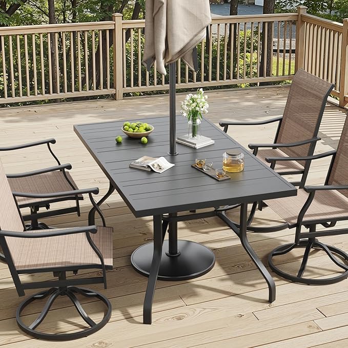 Soohow Outdoor Dining Set for 6, 7-Piece Patio Table and Chairs Set, 6 x Swivel Patio Dining Chairs with Textilene Fabric and 60"x35" Outdoor Table with 1.57" Umbrella Hole for Backyard, Poolside