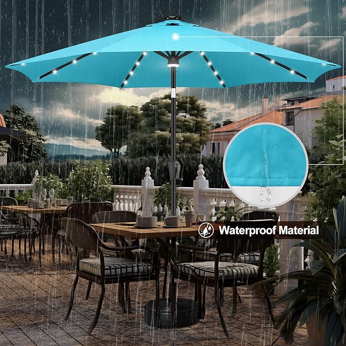 FLAME&SHADE 11 FT Solar Light Patio Umbrella, 40 LED lights outdoor umbrella with Centre Surround Light, Table Market Umbrella for Deck, Pool, Porch, Backyard, Garden, UV Protection, Aqua Blue