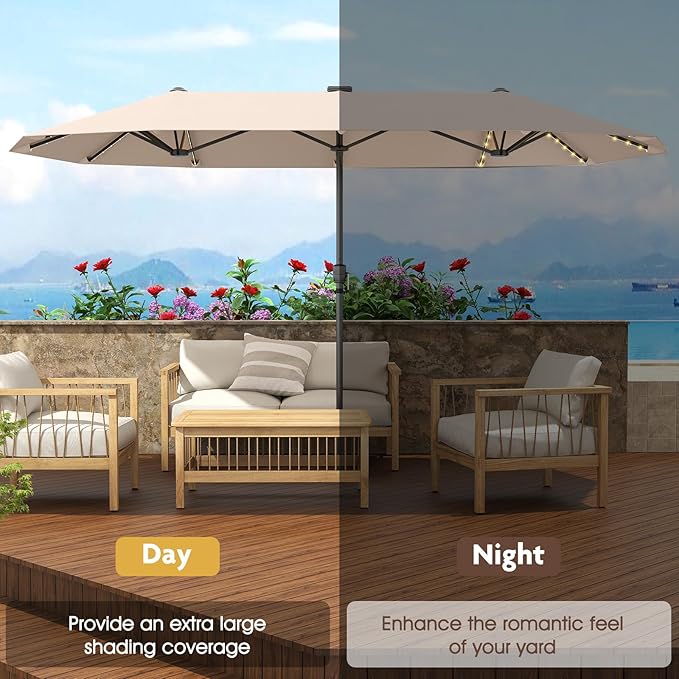 Tangkula 13 Ft Solar Patio Umbrella, Double-Sided Extra Large Outdoor Market Table Umbrella with 108 LED Lights, Crank Handle, 12 Sturdy Ribs for Poolside, Garden & Backyard (Beige)