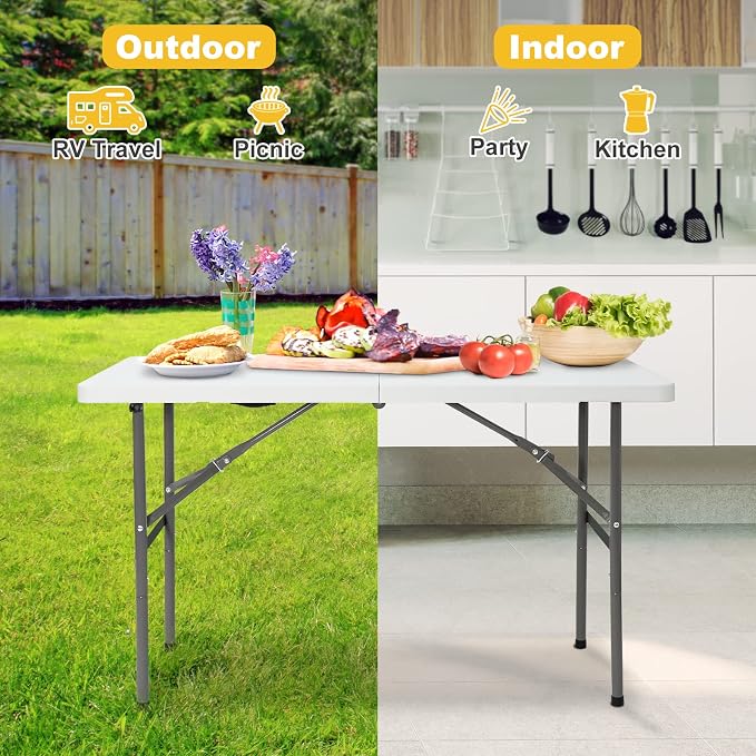 ZenStyle 4 ft Indoor Outdoor Heavy Duty Plastic Folding Table Portable Picnic Table Fold-in-Half Utility Table w/Handle and Steel Legs for Camping, Dining, Party, White