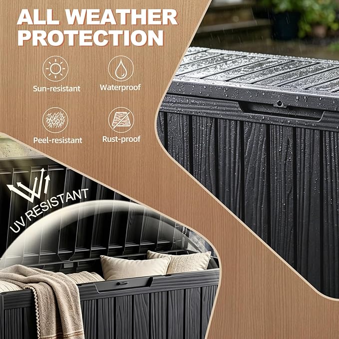 EFU Outdoor Storage Box 140 Gallon Deck Box (Indoor & Outdoor) Lockable UV Resistance Waterproof Resin Storage Bin Storage Box for Outdoor,Patio Storage With Support Rod(Black)