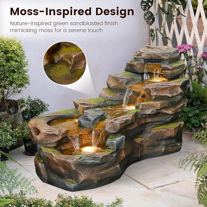 Sunlinua Water Fountain Outdoor Floor Standing 5-Tiers Rock Natural Waterfall Outdoor Garden Fountains with LED Lights for Patio, Porch, Home Art Decor