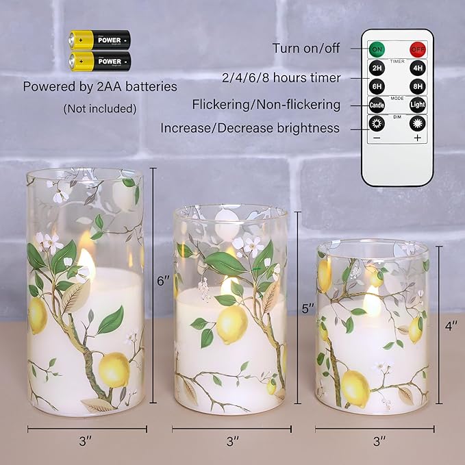 Silverstro Flameless LED Candles with Remote Lemon Decal Glass Flickering Battery Operated Candles for Home Room Party Wedding Holiday Christmas Valentine's Day Decor - Set of 3