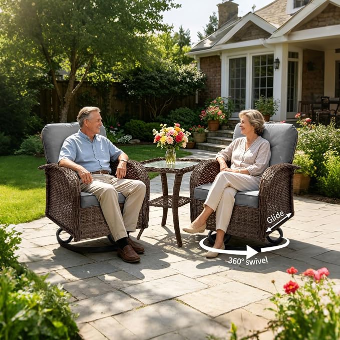 SHGJ&SOFT All Weather Patio Furniture Set, High Back Swivel Rocker Glider Chairs，Ottomans & Glass Tables, Outdoor Conversation Set for Deck Porch Yard Poolside (Grey, 3PCS-Swivle Chairs&Table)