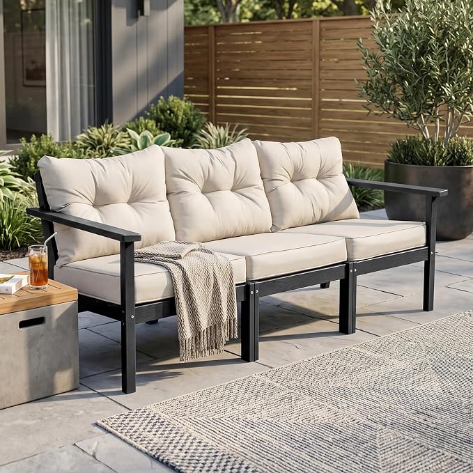 3 Seat HDPE Patio Sofa, Outdoor Couch with Thick Cushions, Patio Furniture | Water-Resistant Thick Cushion, HDPE All Weather, Wood-Grain, No Rot or Rust or Crack, UV Fade Shield, Easy-Clean for Outside