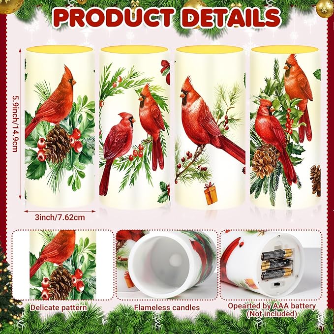 Tiamon 4 Pcs Christmas Red Bird Candles LED Bird Theme Flameless Candles Set LED Warm Light Flickering Xmas Pillar Decor for Holiday Table Decorations
