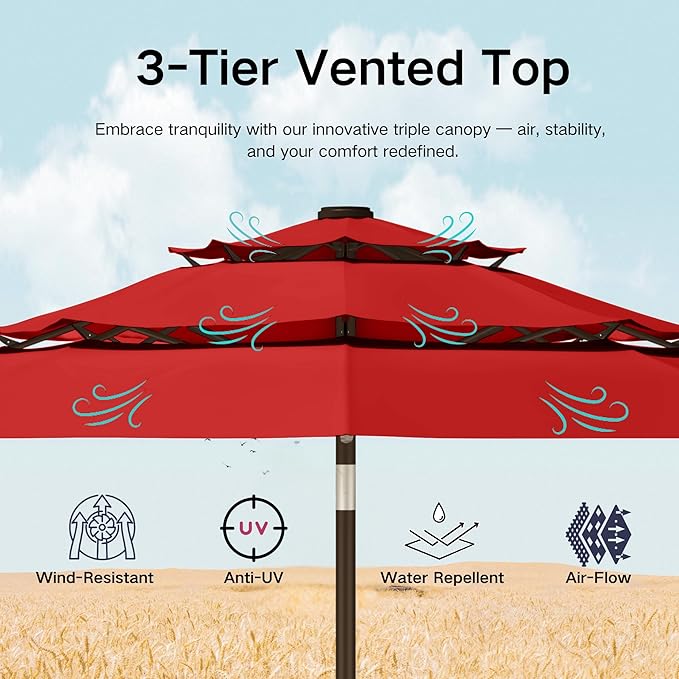 Kingdura 10ft 3-Tier Patio Umbrella with Solar Lights, Table Umbrella Outdoor Patio with Easy Crank & Tilt, 8 Sturdy Ribs, UV Protection, 32 LED Lights for Deck, Poolside, Market (Red)