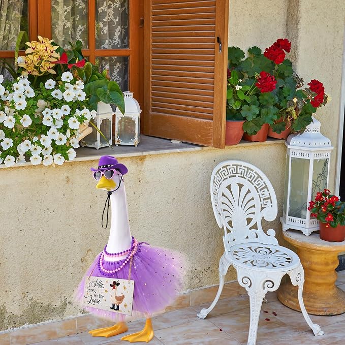 6pcs Purple Princess Porch Goose Outfits for 17-23 Inches | Tutu Skirt Cowboy Hat Glasses Necklaces Wooden Sign for Outdoor Garden Lawn Art Decor